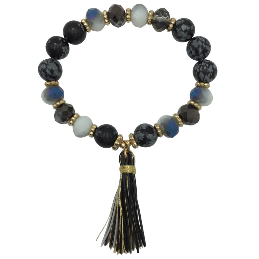 Black Genuine Stone & Glass Beaded Tassel Stretch Bracelet